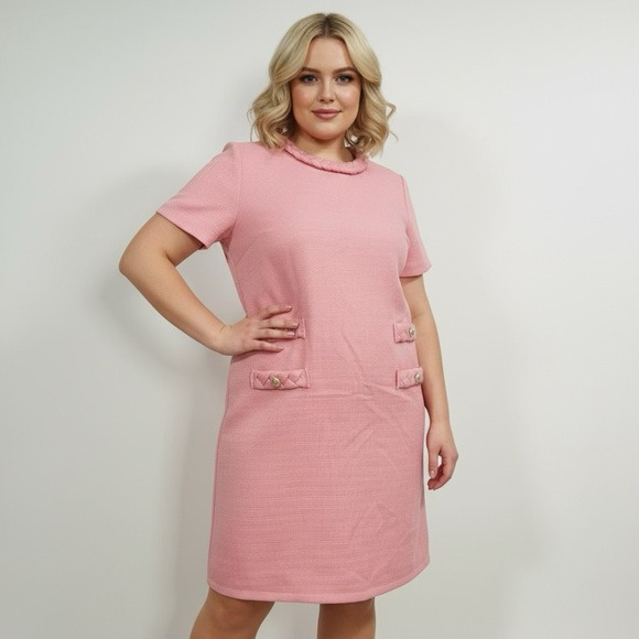 Dresses & Skirts - Vintage Chic Pink Short Sleeve Dress Valentines Romantic Dress Gold Lion Buttons